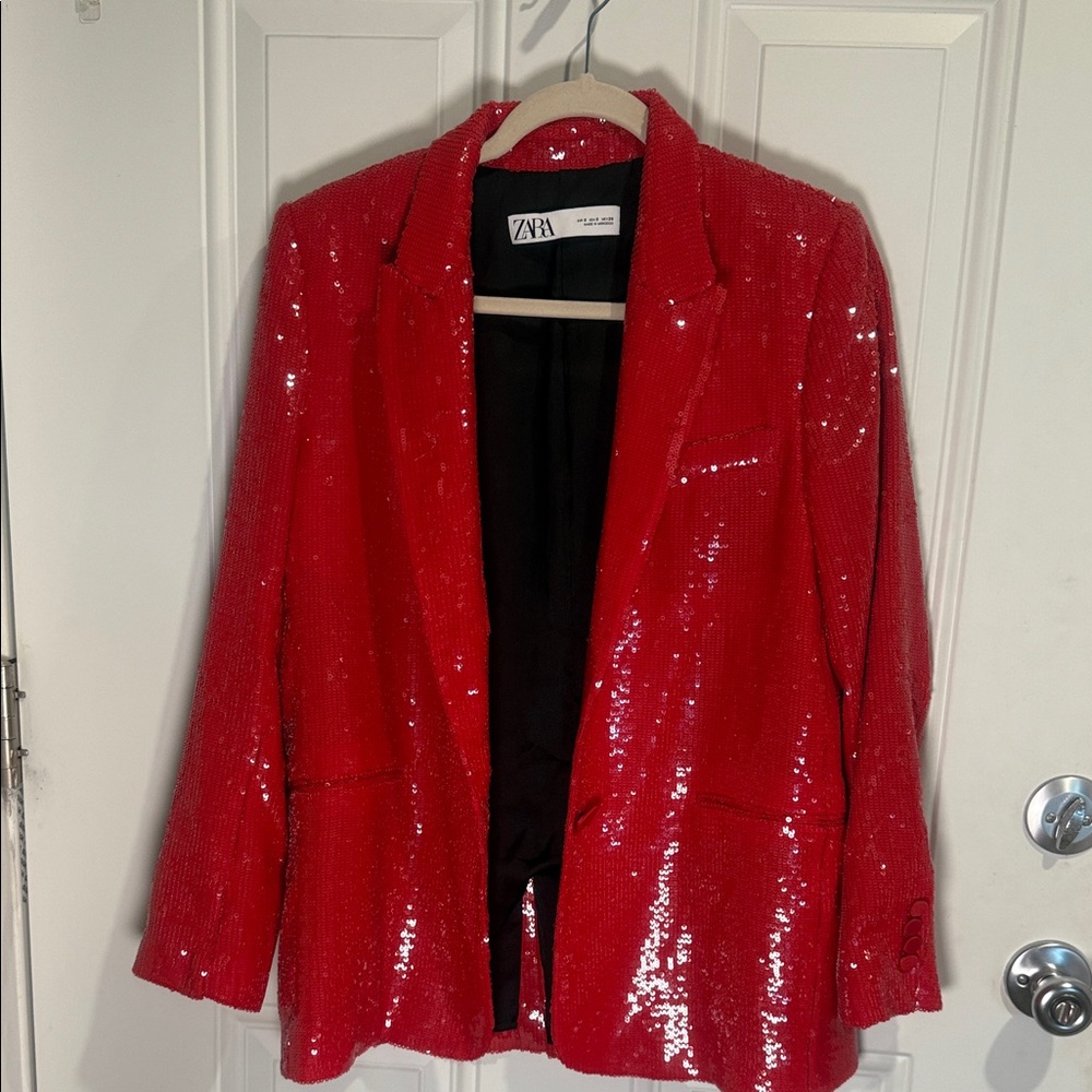 Zara Women's Vibrant Red Sequin Blazer